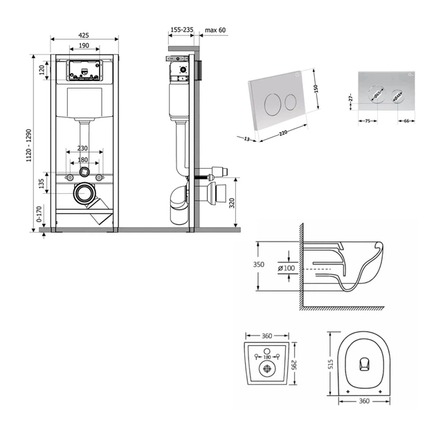 Готовое решение Qtap для ванной комнаты: подвесной унитаз Taurus Ultra Quiet 515×360×350 + комплект инсталляции Nest 4 в 1 (круглая клавиша Satin) - изображение 2