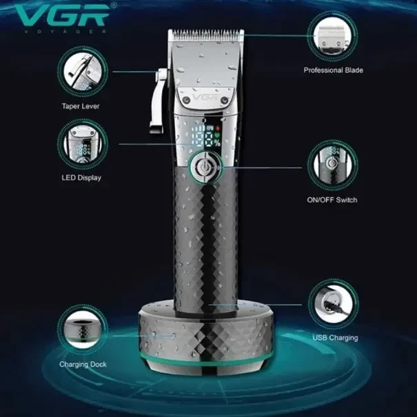 Машинка для стрижки VGR V-682 беспроводная триммер для волос и бороды с дисплеем и насадками - изображение 4