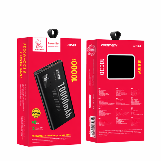 PowerBank VDENMENV DP43 - 10000 мА·год, чорний, 22.5W PD QC3.0 - Фото 1 PowerBank VDENMENV DP43 - 10000 мА·год, чорний, 22.5W PD QC3.0 - зображення 1