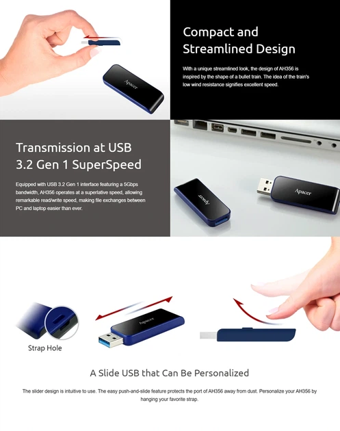 USB флешка Apacer AH356 64Гб для зберігання даних з високою швидкістю передачі USB 3.2 чорна - зображення 8