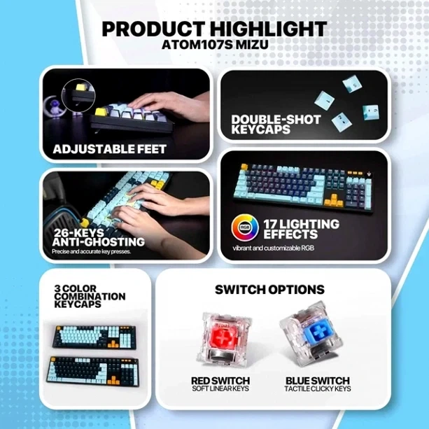 Клавіатура Fantech ATOM107S MK893S MIZU механічна ігрова з RGB підсвічуванням та Blue Switch для геймерів та стримерів - Фото 5 Клавіатура Fantech ATOM107S MK893S MIZU механічна ігрова з RGB підсвічуванням та Blue Switch для геймерів та стримерів - зображення 5