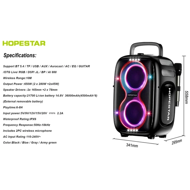 Портативная Bluetooth колонка 650 Вт 341х295х558 мм караоке Hopestar PARTYONE CLUB Black - Фото 2 Портативная Bluetooth колонка 650 Вт 341х295х558 мм караоке Hopestar PARTYONE CLUB Black - изображение 2