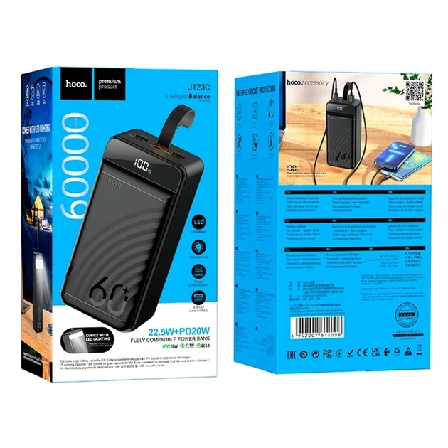 Power Bank Hoco J123C 60000 мАг з 6 USB портами та LED-дисплеєм для швидкої зарядки смартфонів та планшетів - зображення 2