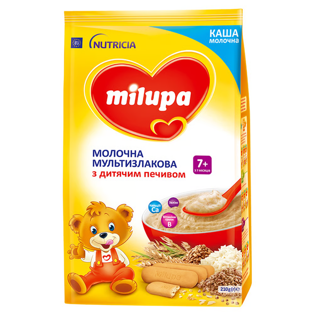 Молочна мультизлакова каша Milupa з дитячим печивом, із 7 міс., 210 г - Фото 1 Молочна мультизлакова каша Milupa з дитячим печивом, із 7 міс., 210 г - изображение 1