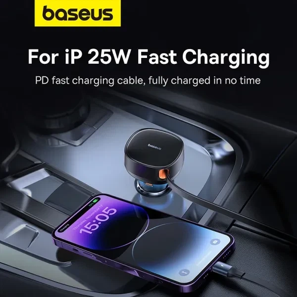 Автомобільний зарядний пристрій Baseus Enjoyment Pro Car Charger USB + Retractable C & iP Cable 60 W C00057802111-02 Black - зображення 8