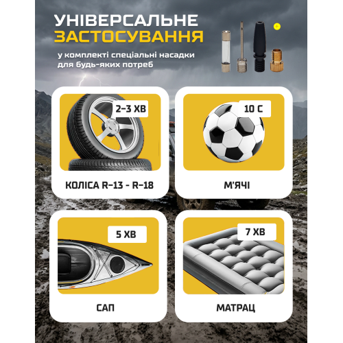 Автомобильный компрессор VOIN VL-620, 150 PSI, 15 А, 85 л/мин, от прикуривателя, с фонарём, переходником на клеммы, двухцилиндровый - изображение 4