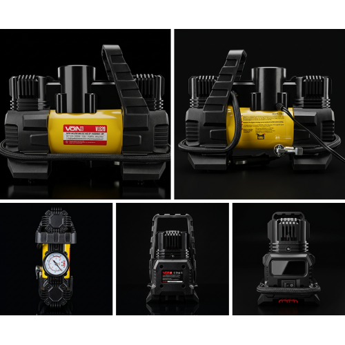Автомобильный компрессор VOIN VL-620, 150 PSI, 15 А, 85 л/мин, от прикуривателя, с фонарём, переходником на клеммы, двухцилиндровый - изображение 5