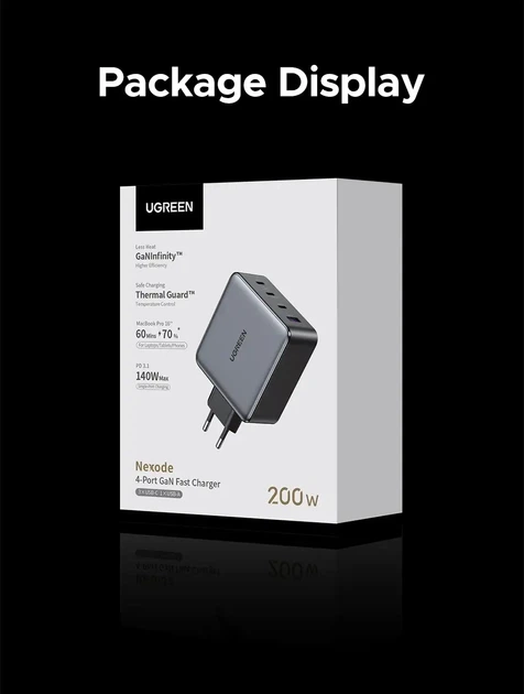 Зарядний пристрій UGREEN 200W GaN Nexode, 4 порти, 2×GaN, PD 3.1, QC4.0, QC3.0, швидке заряджання для ноутбука - зображення 10