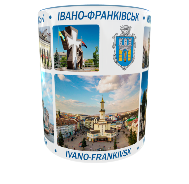 Сувенирная керамическая чашка с гербом и видами города Ивано-Франковск 330 мл | Серия «Города Украины» (голубая ручка) - Фото 6 Сувенирная керамическая чашка с гербом и видами города Ивано-Франковск 330 мл | Серия «Города Украины» (голубая ручка) - изображение 6