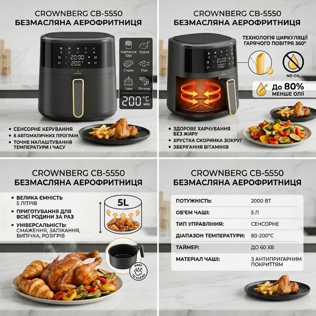 Аерофритюрниця Crownberg CB-5550 5 л 2000 Вт мультипіч з сенсорним керуванням LED дисплеєм 9 програмами аерогриль для смаження випікання грилю запікання та приготування страв без олії - изображение 5
