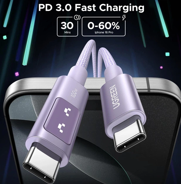 Кабель для зарядки UGREEN Uno USB-C to USB-C Cable 100W Fast Charging 1m - Purple - зображення 3