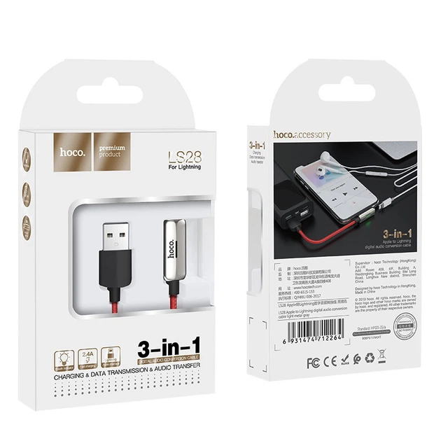 Перехідник Hoco LS28 Lightning 3in1 для заряджання/аудіо конверсії з LED індикатором 22СМ Червоний - Фото 2 Перехідник Hoco LS28 Lightning 3in1 для заряджання/аудіо конверсії з LED індикатором 22СМ Червоний - зображення 2