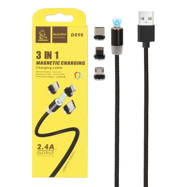 Кабель магнітний Denmen D09E 3 в 1 Lightning, Type-C, Micro-USB чорний - зображення 2