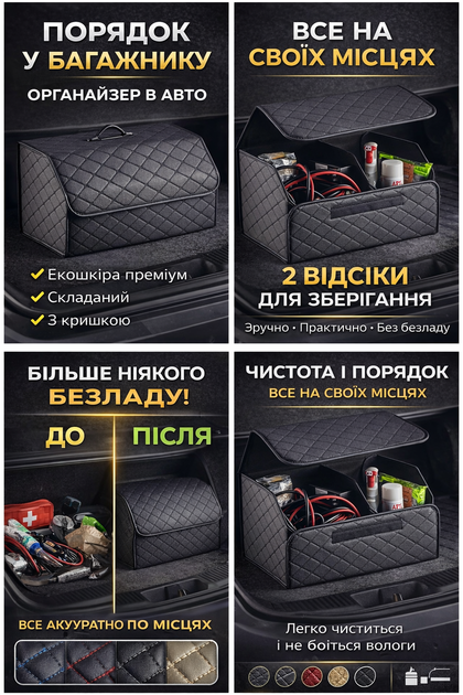 Органайзер в багажник автомобиля из эко-кожи (черный с черной строчкой) 40х32х30см - изображение 3