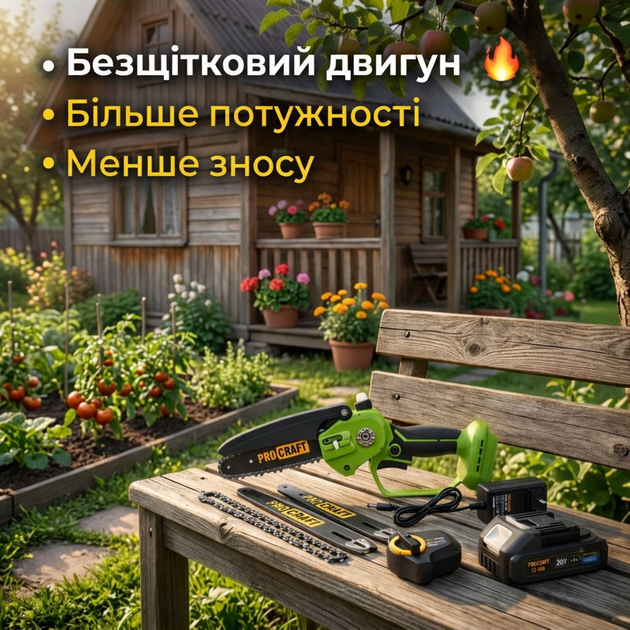 Акумуляторна міні пила ProCraft PKA 44 безщіткова 20В ланцюгова пилка з 2 шинами 152 мм і 203 мм 2 ланцюги акумулятор і зарядка для обрізки дерев гілок саду та дому - изображение 4