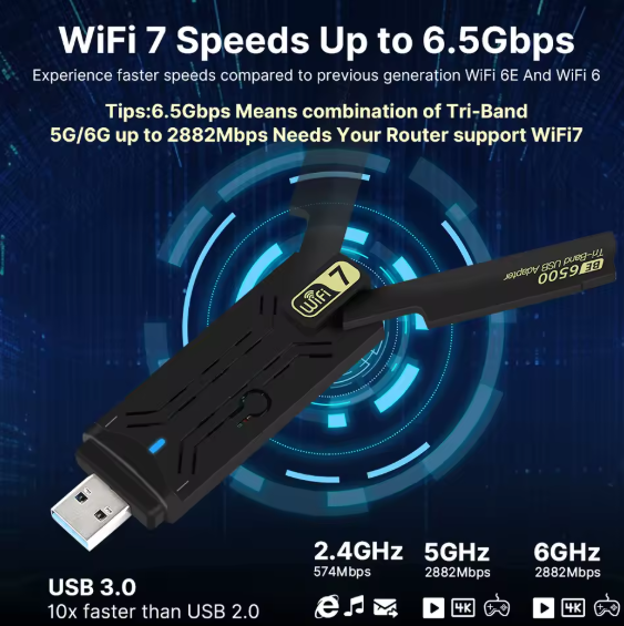Мережевий адаптер Wi-Fi 7 USB Fenvi FU-BE6500 тридіапазонний бездротовий MU-MIMO Black (19123) - зображення 4