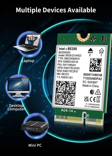 Сетевая карта Intel Wi-Fi 7 BE200 NGW модуль трехдиапазонный адаптер Bluetooth для ПД / Ноутбука (19124) - Фото 5 Сетевая карта Intel Wi-Fi 7 BE200 NGW модуль трехдиапазонный адаптер Bluetooth для ПД / Ноутбука (19124) - изображение 5