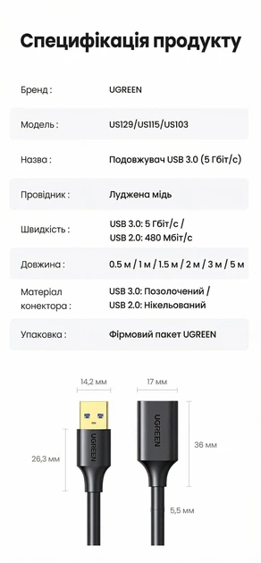 USB-удлинитель UGREEN US129 USB 3.0 Extension Male Cable 3m (Black) (UGR-30127) - изображение 5