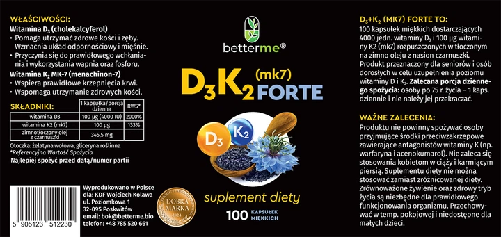 Харчова добавка Better Me D3 K2 MK7 Forte 100 капсул (5905123512230) - Фото 2 Харчова добавка Better Me D3 K2 MK7 Forte 100 капсул (5905123512230) - зображення 2