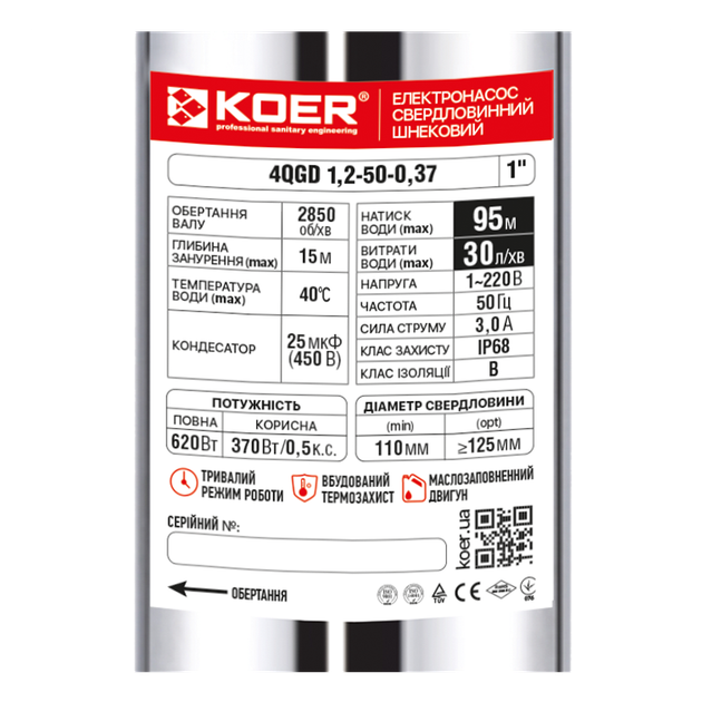 Скважинный насос. шнековый Koer 4QGD 1.2-50-0.37 [KP2647] - изображение 3