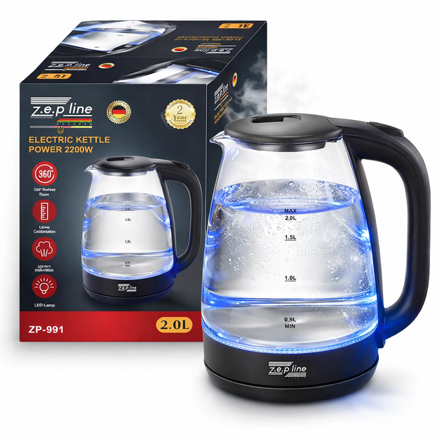 Електрочайник скляний Zepline ZP-991 2л 2200 Вт з LED підсвіткою та автовідключенням Прозорий - зображення 3