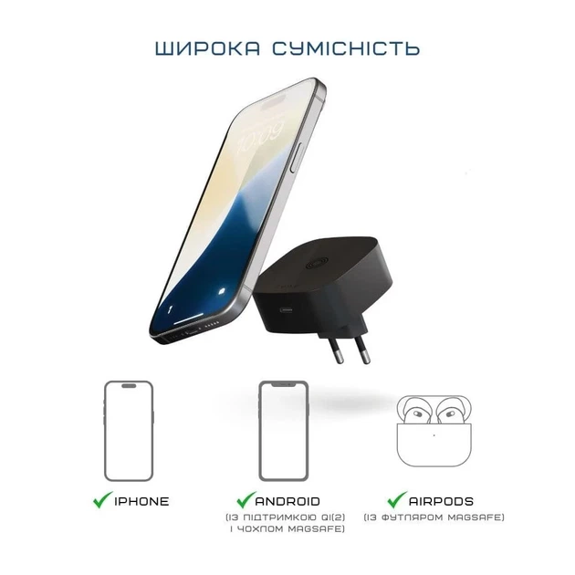 Сетевое магнитное беспроводное зарядное устройство Zens Wireless Charging Adapter Qi/MagSafe 15 Вт + USB-C 18 Вт Black (8720618634535) - изображение 2