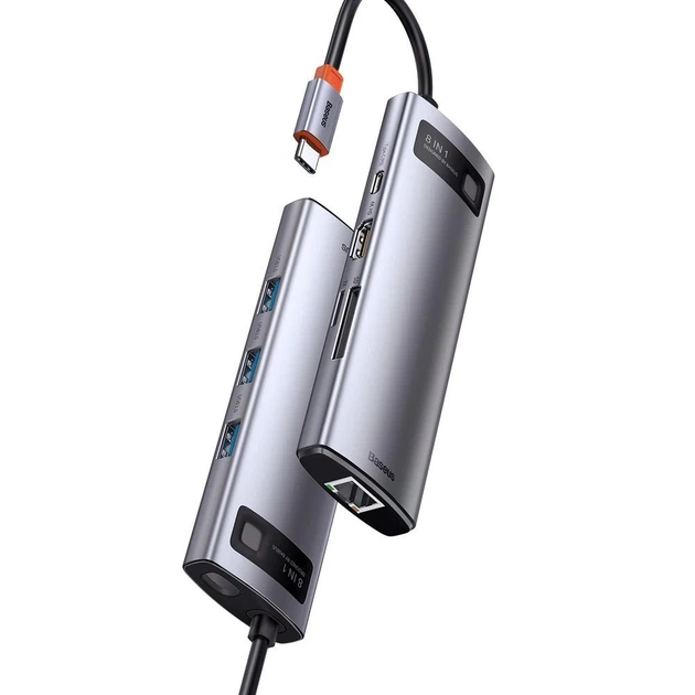 USB-хаб Baseus Metal Gleam Multifunctional 8-in-1 USB-C to 3xUSB-A/USB-C/HDMI/SD/TF/Ethernet Grey (CAHUB-CV0G) - Фото 4 USB-хаб Baseus Metal Gleam Multifunctional 8-in-1 USB-C to 3xUSB-A/USB-C/HDMI/SD/TF/Ethernet Grey (CAHUB-CV0G) - зображення 4