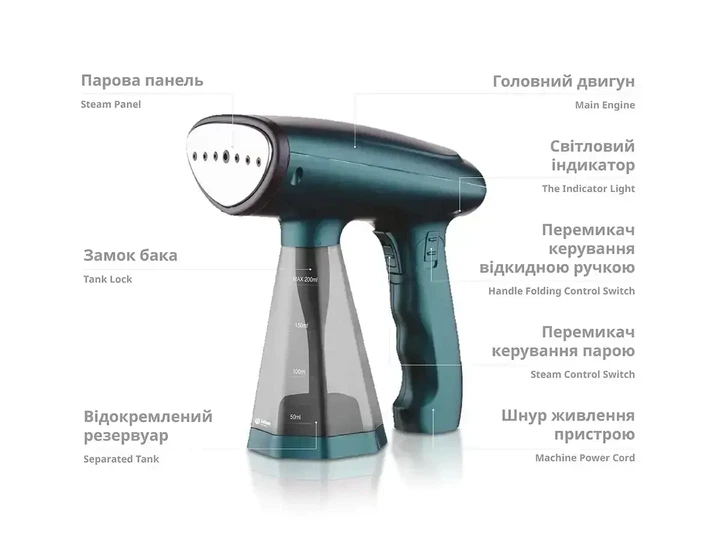 Ручний відпарювач для одягу Bitek BT-1277G 200 мл 1600Вт Парогенератор для глажки одягу Зелений - изображение 3