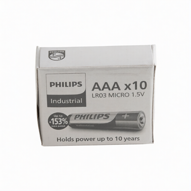Батарейки Philips Industrial AAA (LR03) 1.5V щелочные, комплект 10 шт - Фото 3 Батарейки Philips Industrial AAA (LR03) 1.5V щелочные, комплект 10 шт - изображение 3