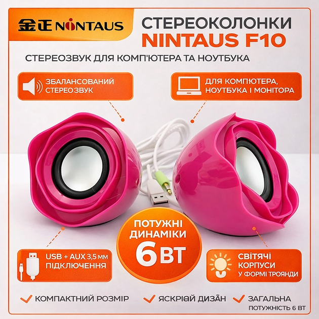 Компьютерные колонки 2.0 Nontaus F10, Питание USB, Красно-розовые (Rose Red) БУ - Фото 4 Компьютерные колонки 2.0 Nontaus F10, Питание USB, Красно-розовые (Rose Red) БУ - изображение 4