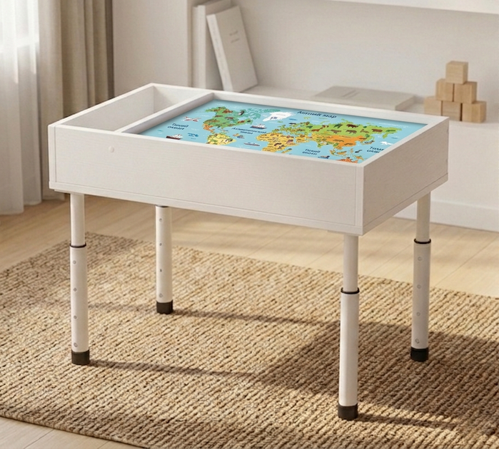 Світловий стіл SandyBOX для пісочної анімації, сенсорний стіл для малювання піском, 69×45, RGB підсвітка, кришка-стільниця , зростаючі ніжки, ігрове поле (мапа світу/грифель) БІЛИЙ - зображення 9