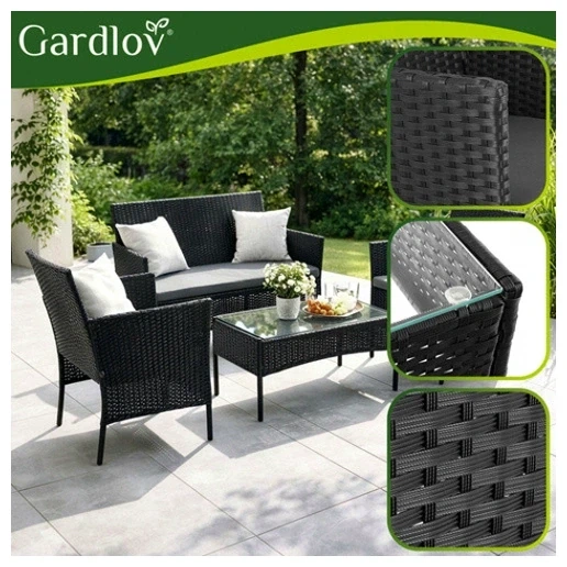 Садовая мебель комплект из 2 кресел дивана стола стекло черный техноротанг Gardlov - зображення 8