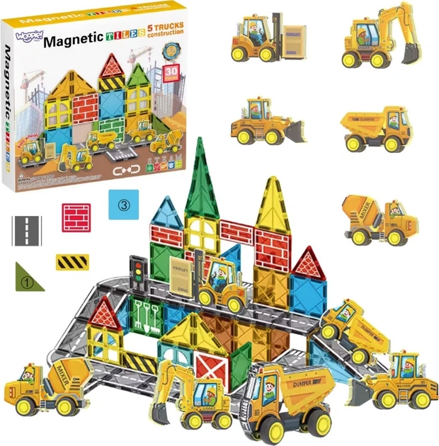 Klocki magnetyczne Woopie z pojazdami budowlanymi 30 elementów 55822 (5906280655822) - obraz 2