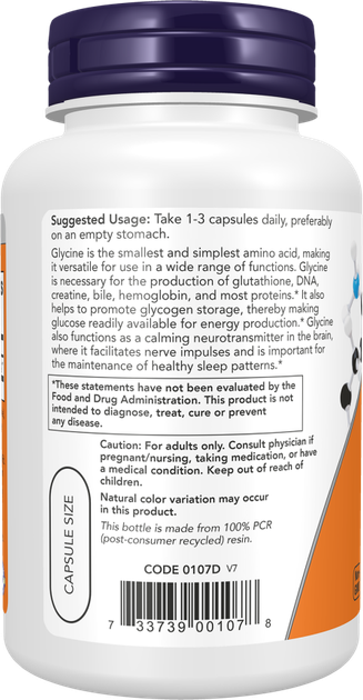 Suplement diety Now Foods Glycine 1000 mg 100 kapsułek (733739001078) - obraz 3