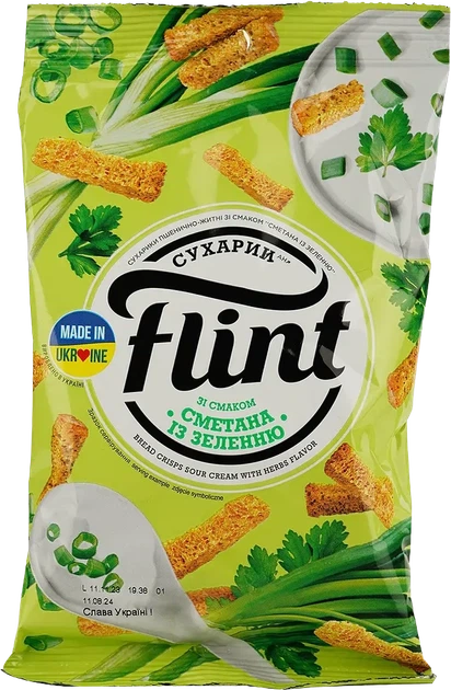 Упаковка сухариков Flint пшенично-ржаных со вкусом сметаны с зеленью 60 г х 6 шт (4823127302019) - Фото 2 Упаковка сухариков Flint пшенично-ржаных со вкусом сметаны с зеленью 60 г х 6 шт (4823127302019) - изображение 2