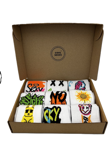 Набір високих бавовняних шкарпеток з написами COOL SOCKS Street Words Cotton High Collection (9 пар) білий з кольоровими написами та принтами розмір 38–42 - изображение 2