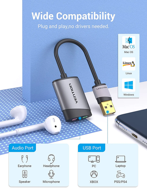 Адаптер Vention USB External Sound Card 0.15M Gray Metal Type (CDKHB) - изображение 3