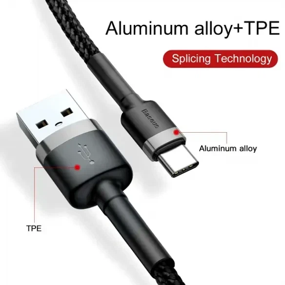 Кабель Baseus Cafule USB Type-C 2A 3м чорний для заряджання та передачі даних - зображення 8
