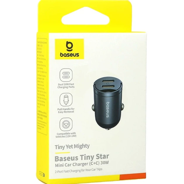 Автомобільний зарядний пристрій Baseus Tiny Star Mini 30W 2 USB чорний USB Type-C для швидкого заряджання - Фото 3 Автомобільний зарядний пристрій Baseus Tiny Star Mini 30W 2 USB чорний USB Type-C для швидкого заряджання - зображення 3