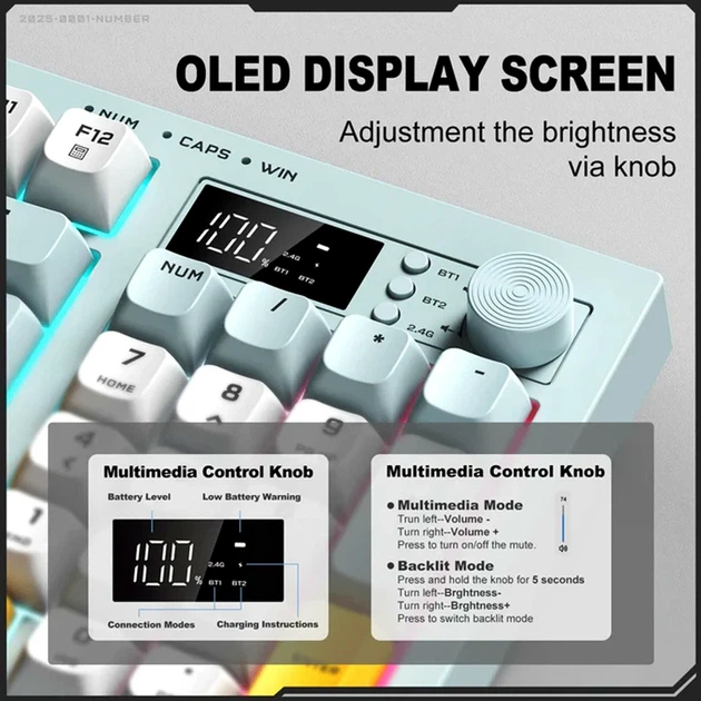 Клавіатура Onikuma G80 2.4G Bluetooth 94 клавіші RGB-підсвічування акумулятор 2000 мАч блакитна - Фото 5 Клавіатура Onikuma G80 2.4G Bluetooth 94 клавіші RGB-підсвічування акумулятор 2000 мАч блакитна - зображення 5