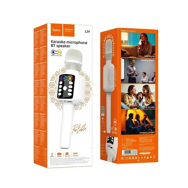 Мікрофон Hoco L24 Shine 5 Вт 1200 мАг Bluetooth USB білий для караоке та вечірок - Фото 2 Мікрофон Hoco L24 Shine 5 Вт 1200 мАг Bluetooth USB білий для караоке та вечірок - зображення 2