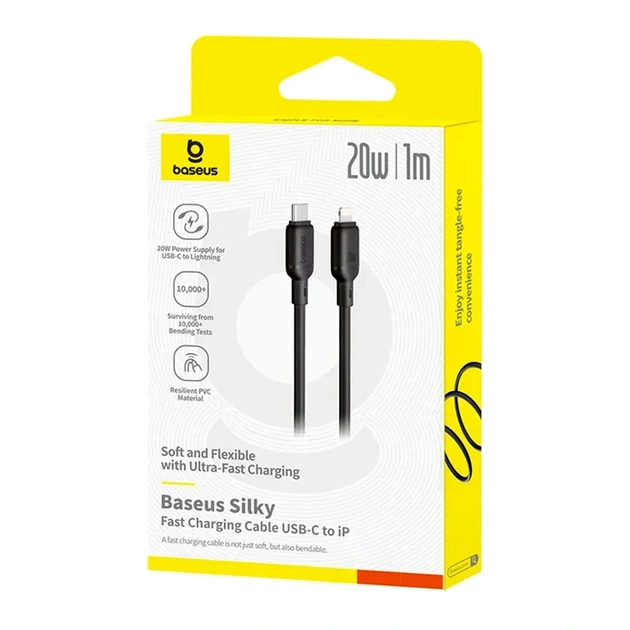 Кабель Baseus Silky Series Type-C to Lightning 20W 1 м черный для быстрой зарядки и передачи данных - Фото 2 Кабель Baseus Silky Series Type-C to Lightning 20W 1 м черный для быстрой зарядки и передачи данных - изображение 2
