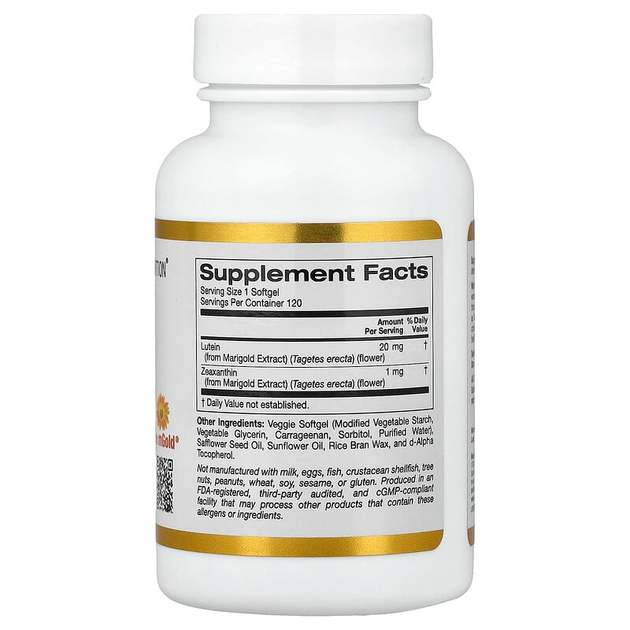 Лютеин с зеаксантином California GOLD Nutrition "Lutein with Zeaxanthin" комплекс для зрения и здоровья глаз из экстракта бархатцев, 20 мг / 1 мг (120 гелевых растительных капсул) - изображение 2