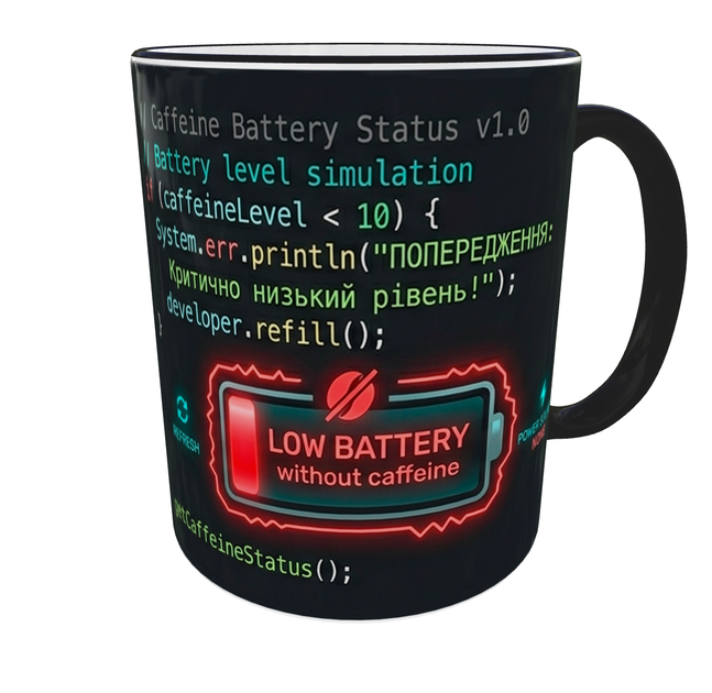 Кружка программисту 330 мл Low Battery without caffeine Без кофе не работает | Подарок айтишнику, разработчику, прикольная чашка с кодом(черная ручка) - изображение 4