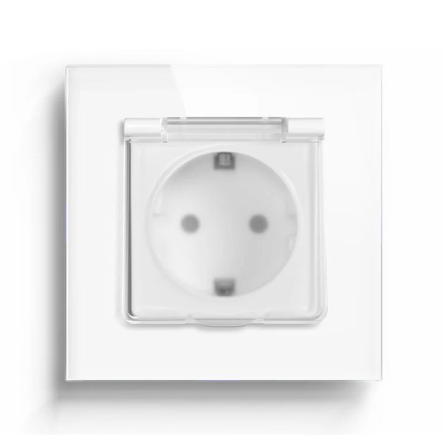 Электрическая розетка LUXION с крышкой IP44, заземление, белая, настенная, стеклянная рамка, 250В 16А - Фото 1 Электрическая розетка LUXION с крышкой IP44, заземление, белая, настенная, стеклянная рамка, 250В 16А - изображение 1