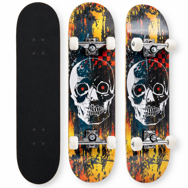 Скейтборд деревянный SP-Sport Skateboard Skull 8413-1 размер 78х20см Black-Yellow-Red - Фото 3 Скейтборд деревянный SP-Sport Skateboard Skull 8413-1 размер 78х20см Black-Yellow-Red - изображение 3