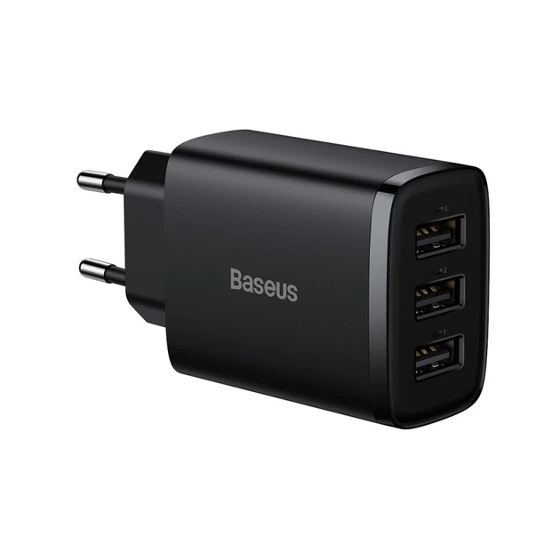 Мережевий зарядний пристрій Baseus Compact Charger 3U 17W EU Black - Фото 1 Мережевий зарядний пристрій Baseus Compact Charger 3U 17W EU Black - изображение 1