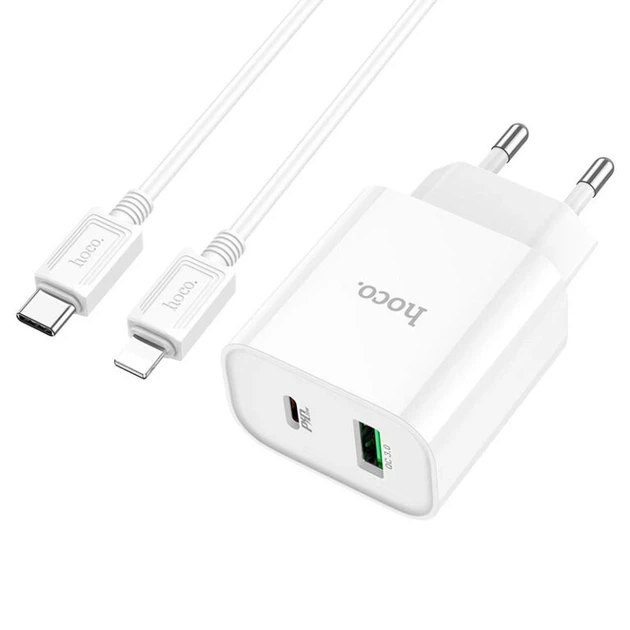 Мережевий зарядний пристрій з кабелем HOCO C80A Plus Rapido PD20W+QC3.0 charger set(C to iP) White - Фото 1 Мережевий зарядний пристрій з кабелем HOCO C80A Plus Rapido PD20W+QC3.0 charger set(C to iP) White - зображення 1