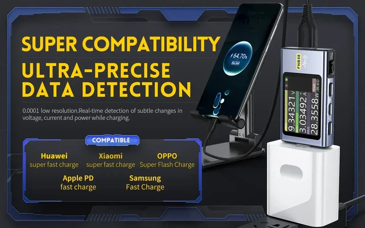 USB тестер FNIRSI FNB58 Bluetooth — професійний вольтметр, амперметр і аналізатор заряджання, SuperVOOC, DASH, QC 4, Type-C - зображення 3