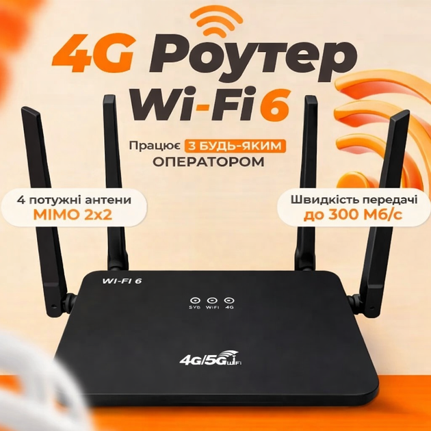 WiFi 4G/5G роутер SIM-карта 4 антенны, до 300 Мбит/с, Wi-Fi маршрутизатор для дома и дачи, Черный - изображение 4